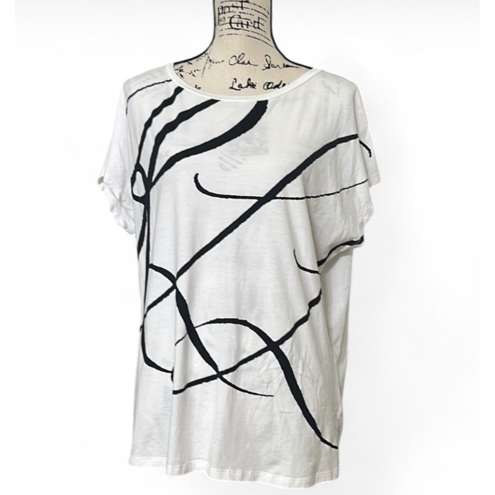 Lauren‎ Ralph Lauren White Black Abstract Graphic T-Shirt XXL Cap Sleeve Crew